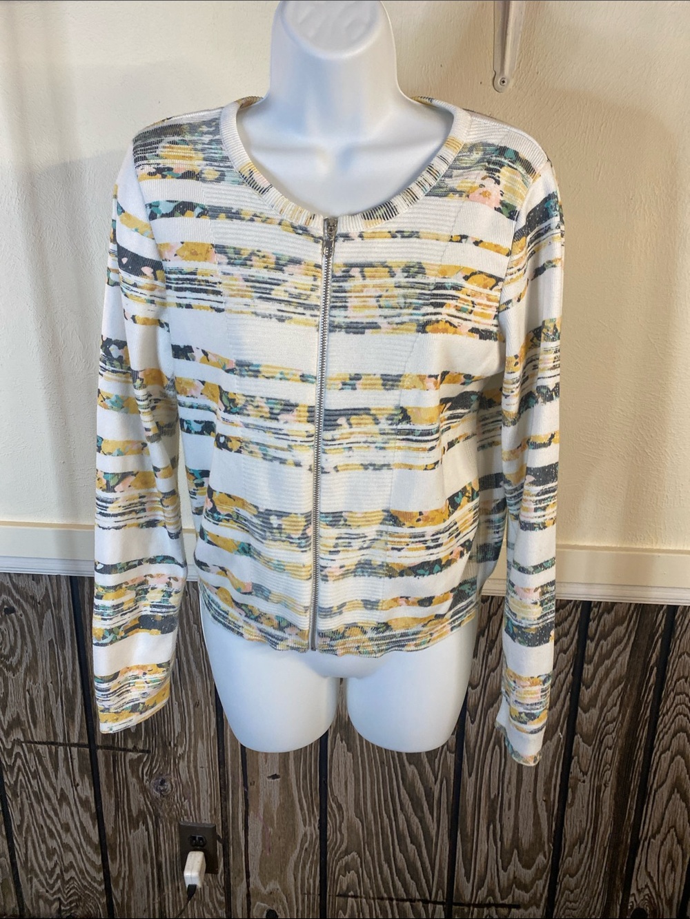Moth White Zip-Front Abstract Stripe Cardigan with Yellow & Blue Accents